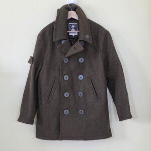 & Sons Heavy Wool Blend Peacoat Mens M Military Green Elbow Patches Storm Collar